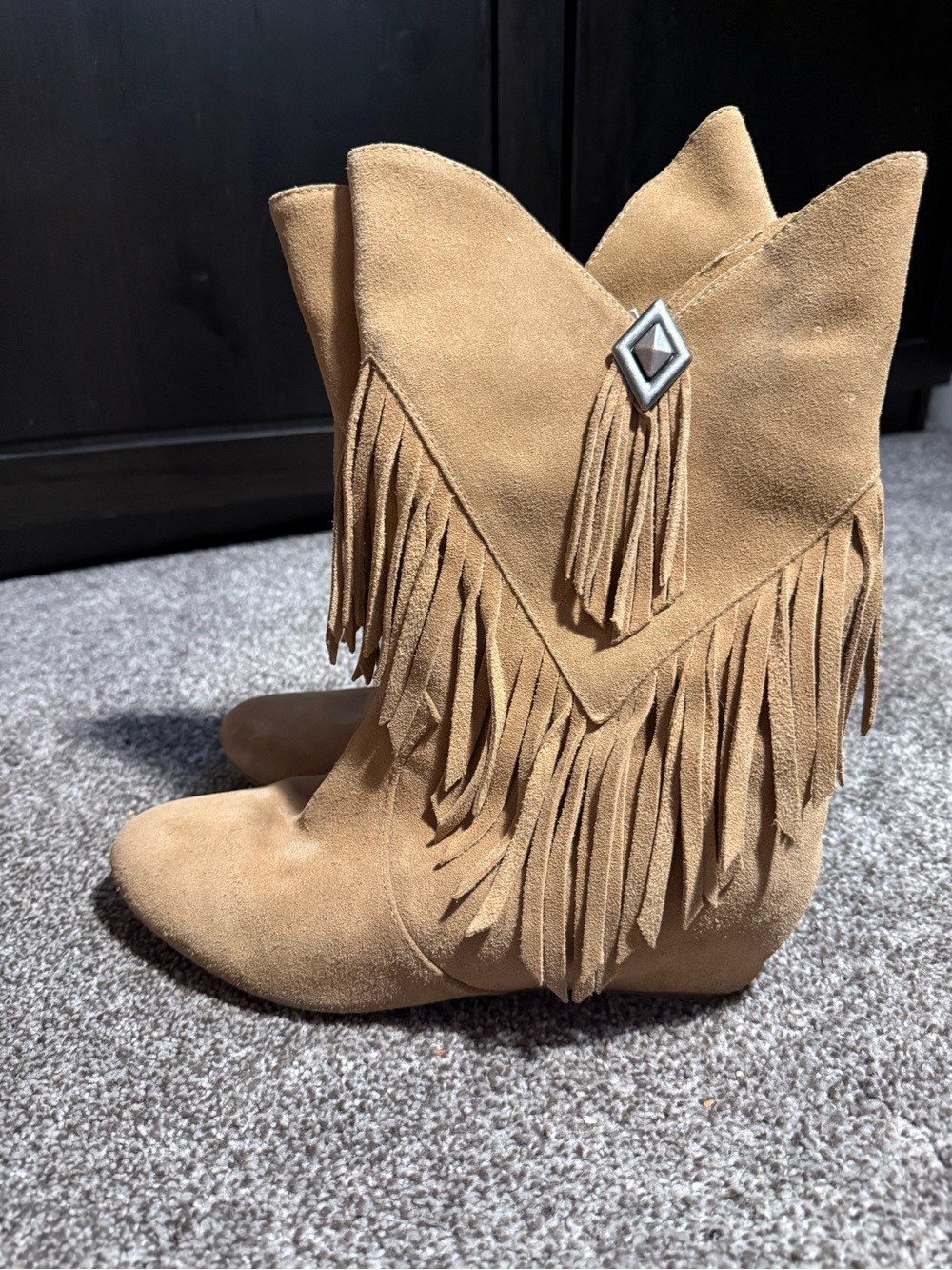 Obsession Rules Tan Suede Fringe Ankle Boots